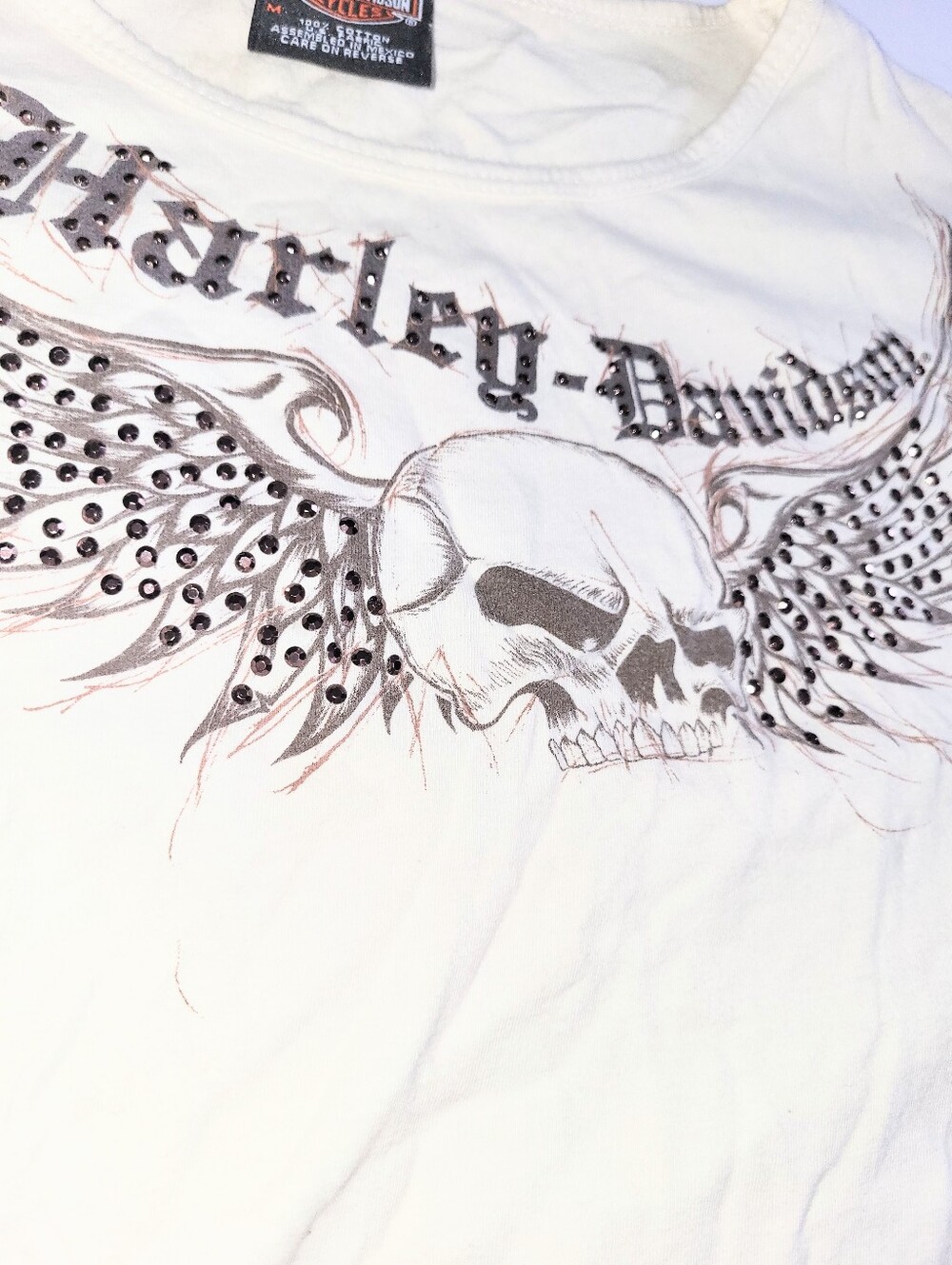Harley Davidson Skull & Jeweled Wings Graphic Tshirt Biker Tee Medium - Picture 7 of 12